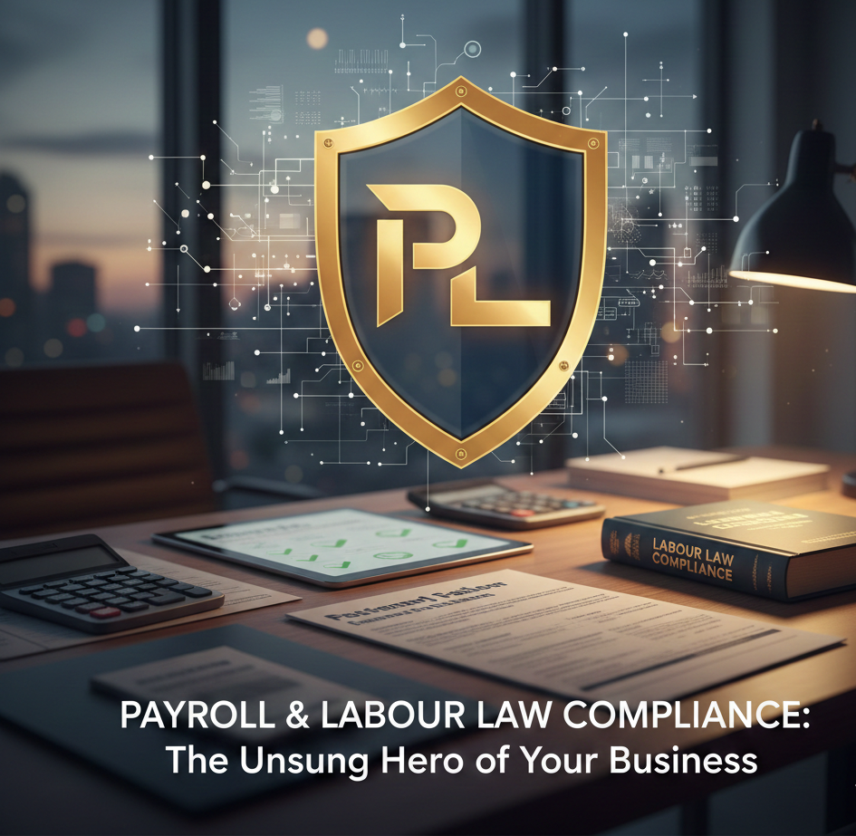 A gold-rimmed shield featuring the letters "PL" (Payroll & Labour) is overlaid on a dimly lit, professional office desk. The desk holds a book labeled "LABOUR LAW COMPLIANCE" and documents, symbolizing the security and diligence required for legal payroll and regulatory adherence.