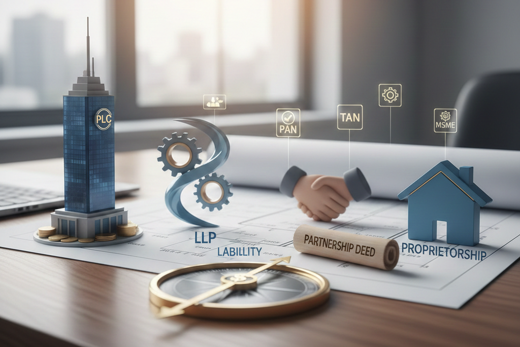 Digital illustration showing a business landscape with a skyscraper labeled 'PLC' and icons representing 'LLP', 'Proprietorship', 'PAN', 'TAN', and 'MSME' floating above a blueprint, symbolizing foundational business registration.