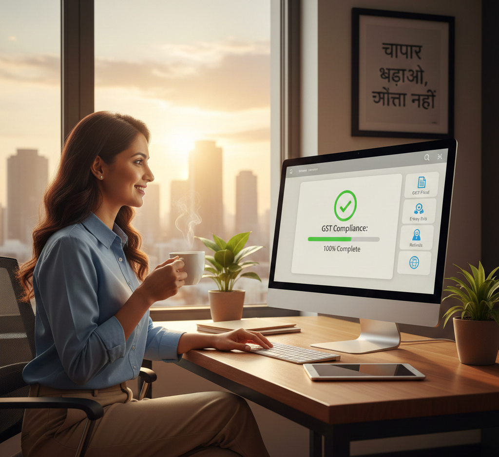 A smiling, relaxed businesswoman sips coffee at her desk while looking at a computer screen that displays "GST Compliance: 100% Complete" with a large green checkmark, symbolizing successful and stress-free tax management.