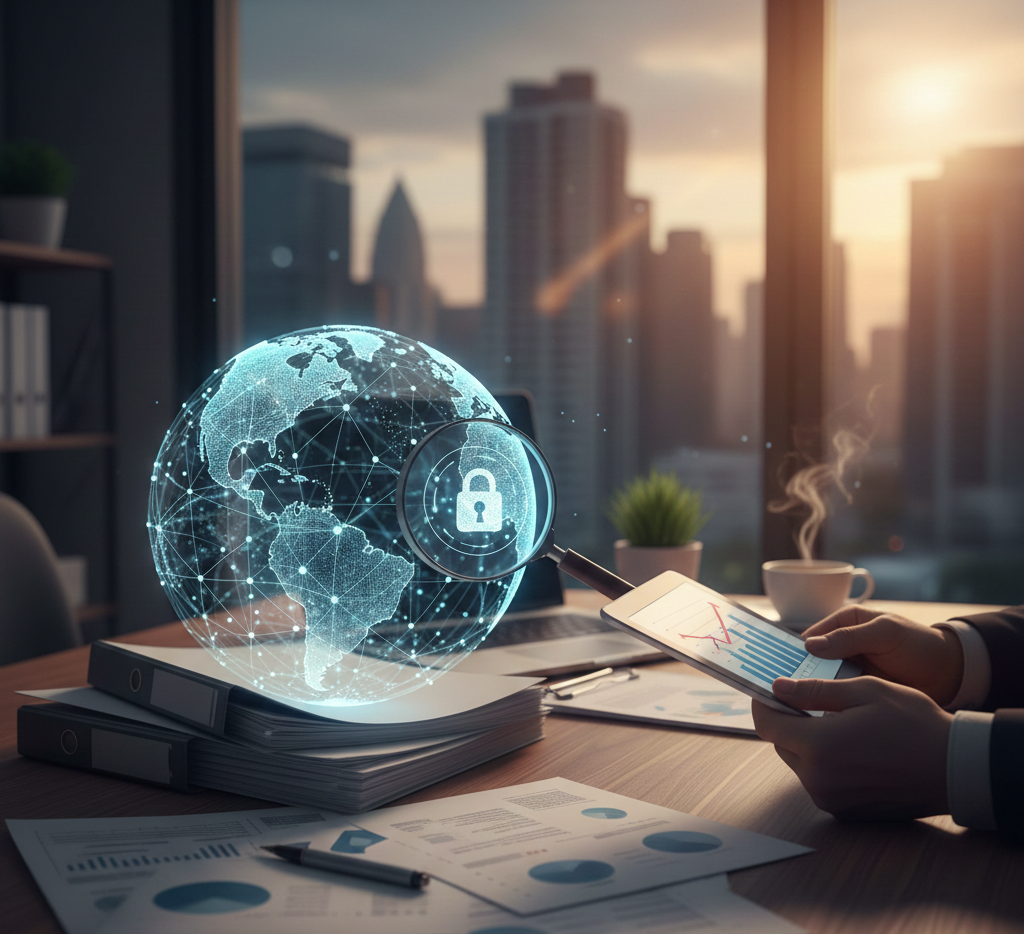 A person reviews financial data on a tablet next to a stack of compliance files in a modern office. A glowing, networked globe with a magnifying glass showing a security lock sits on the documents, symbolizing global financial security and regulatory compliance for international NGOs.