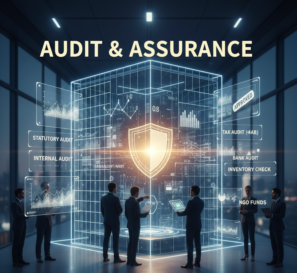 A group of business professionals standing in a modern office, analyzing a glowing, holographic 3D data cube labeled 'AUDIT & ASSURANCE.' The cube displays financial charts, a central shield icon representing security, and surrounding holographic panels listing various audit types, including Statutory Audit, Internal Audit, Tax Audit (44AB), Bank Audit, and Inventory Check.