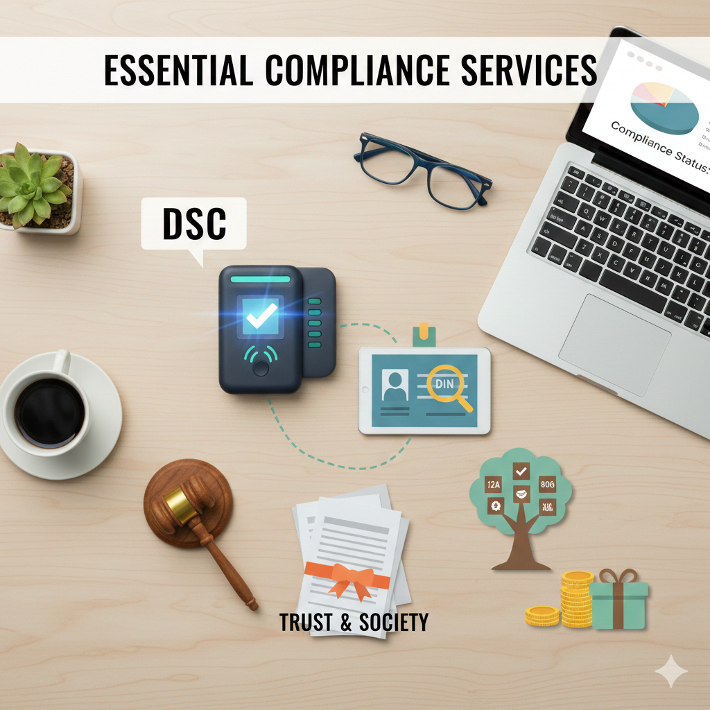 An overhead desk view illustrating essential business compliance services. Key icons connected by dashed lines include: DSC (Digital Signature Certificate), DIN (Director Identification Number), legal documents for Trust & Society, and a tree representing the tax benefits of 12A and 80G NGO registrations.