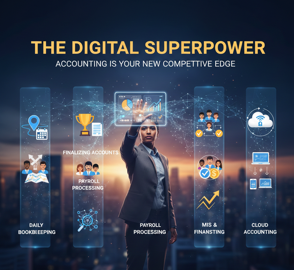 A futuristic graphic illustrating 'The Digital Superpower' of modern accounting. A business professional interacts with a holographic dashboard displaying five illuminated vertical pillars representing the core concepts: Daily Bookkeeping, Finalizing Accounts, Payroll Processing, MIS & Financial Reporting, and Cloud Accounting, set against a blurred city skyline.