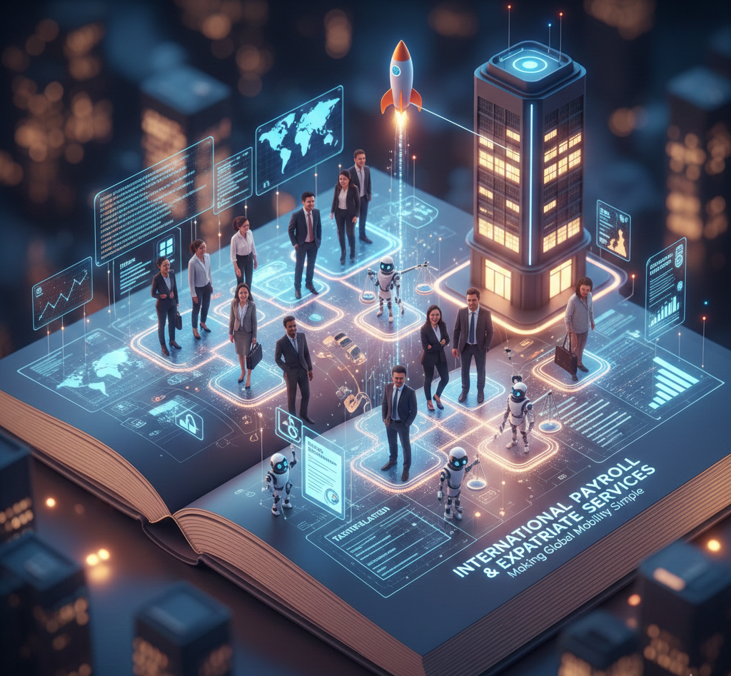 Diagram showing business professionals on a digital map layered over an open book, illustrating the complex, connected nature of international payroll, expatriate services, and global tax compliance.