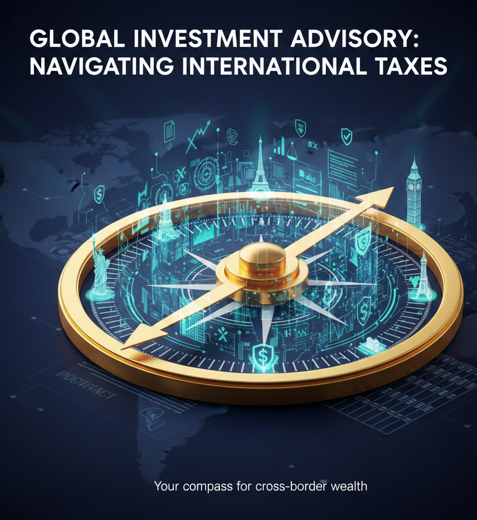 A digital graphic featuring a golden compass overlaid on a dark blue map of the world, surrounded by glowing financial and legal icons. The compass symbolizes guidance through complex cross-border wealth management, referencing the blog's topic of navigating international taxes, property, and inheritance.