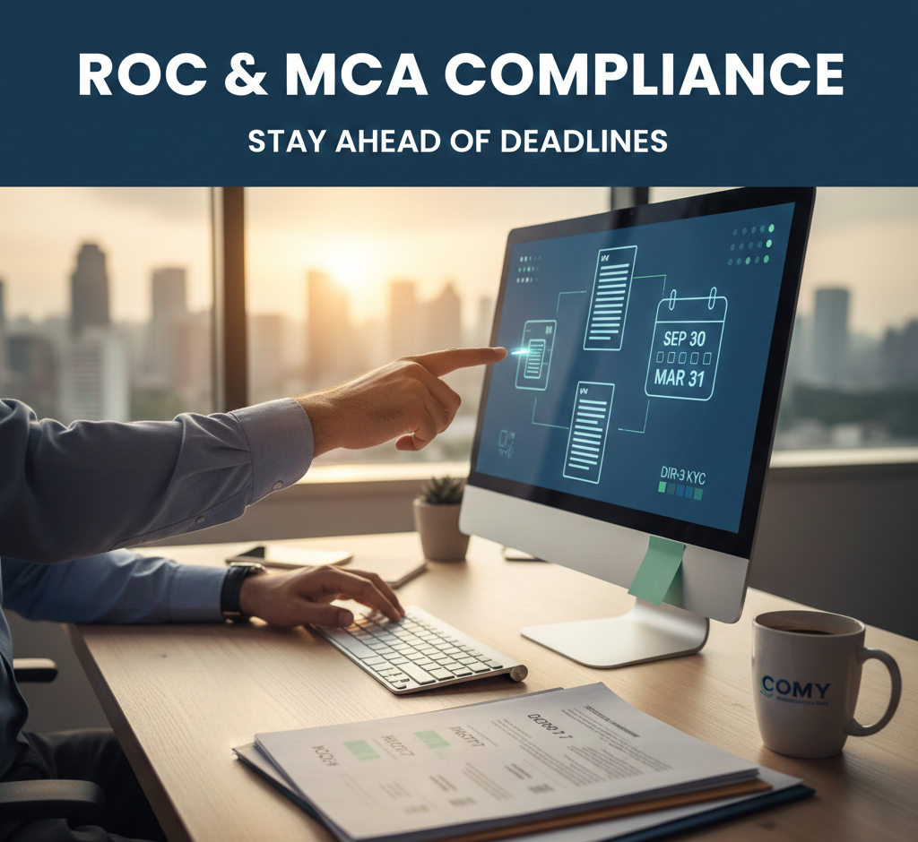 Business professional working at a desk, pointing to a computer screen displaying a digital compliance dashboard with key deadlines like September 30th and March 31st, symbolizing the management of ROC and MCA filings (AOC-4, MGT-7).