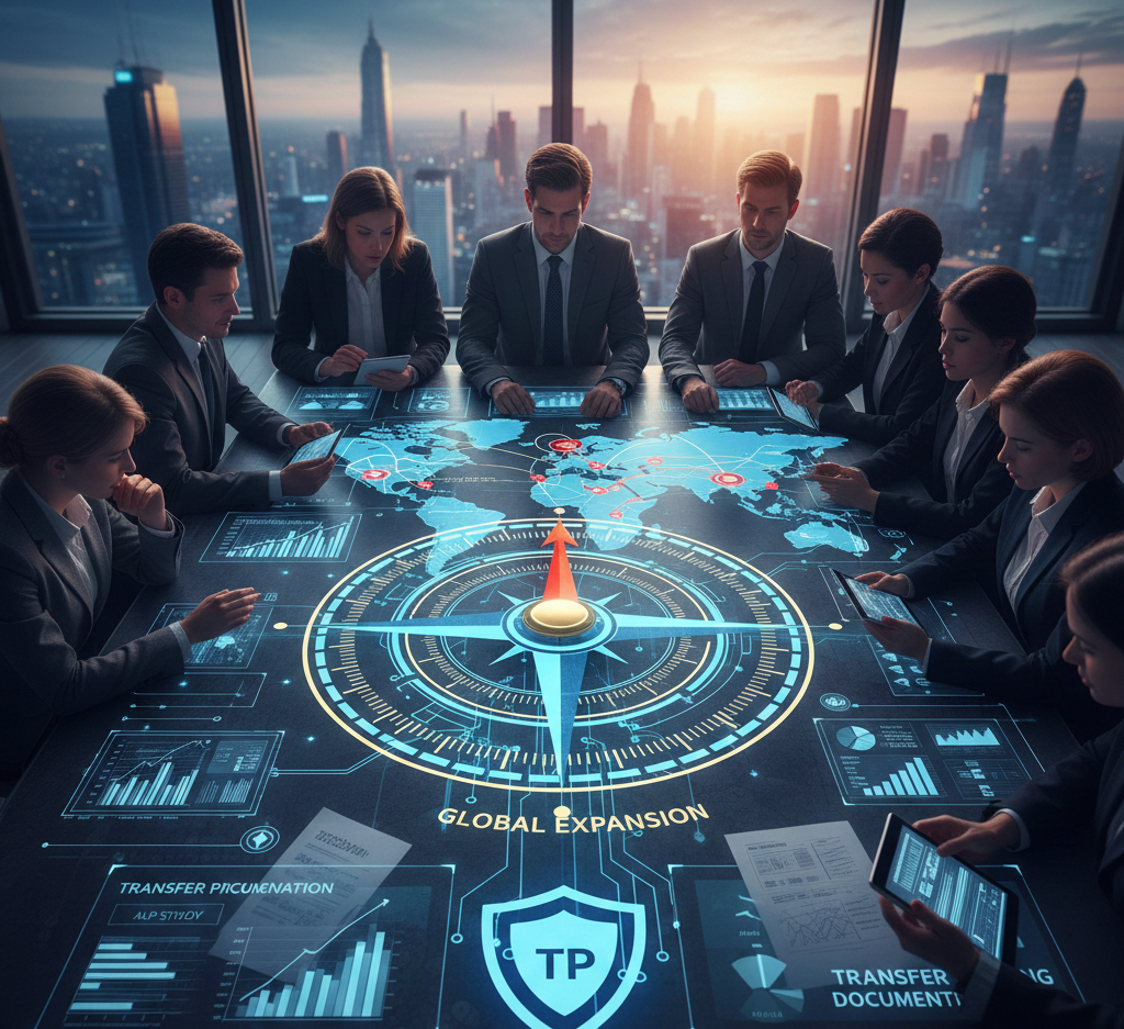 A team of business professionals gathers around a futuristic, illuminated meeting table displaying a world map, a compass, and digital overlays of financial charts and a shield icon labeled 'TP' (Transfer Pricing), symbolizing global tax strategy and risk management in a corporate office overlooking a modern city skyline.