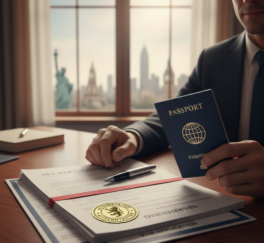 A person in a dark suit holds a blue passport over a stack of official documents, including a Net Worth Certificate and Visa Application, which are secured with a red ribbon and bear a gold, embossed seal. The scene is set in an office with a window overlooking a blurred skyline featuring global landmarks like the Statue of Liberty and the Empire State Building, symbolizing international finance and travel.