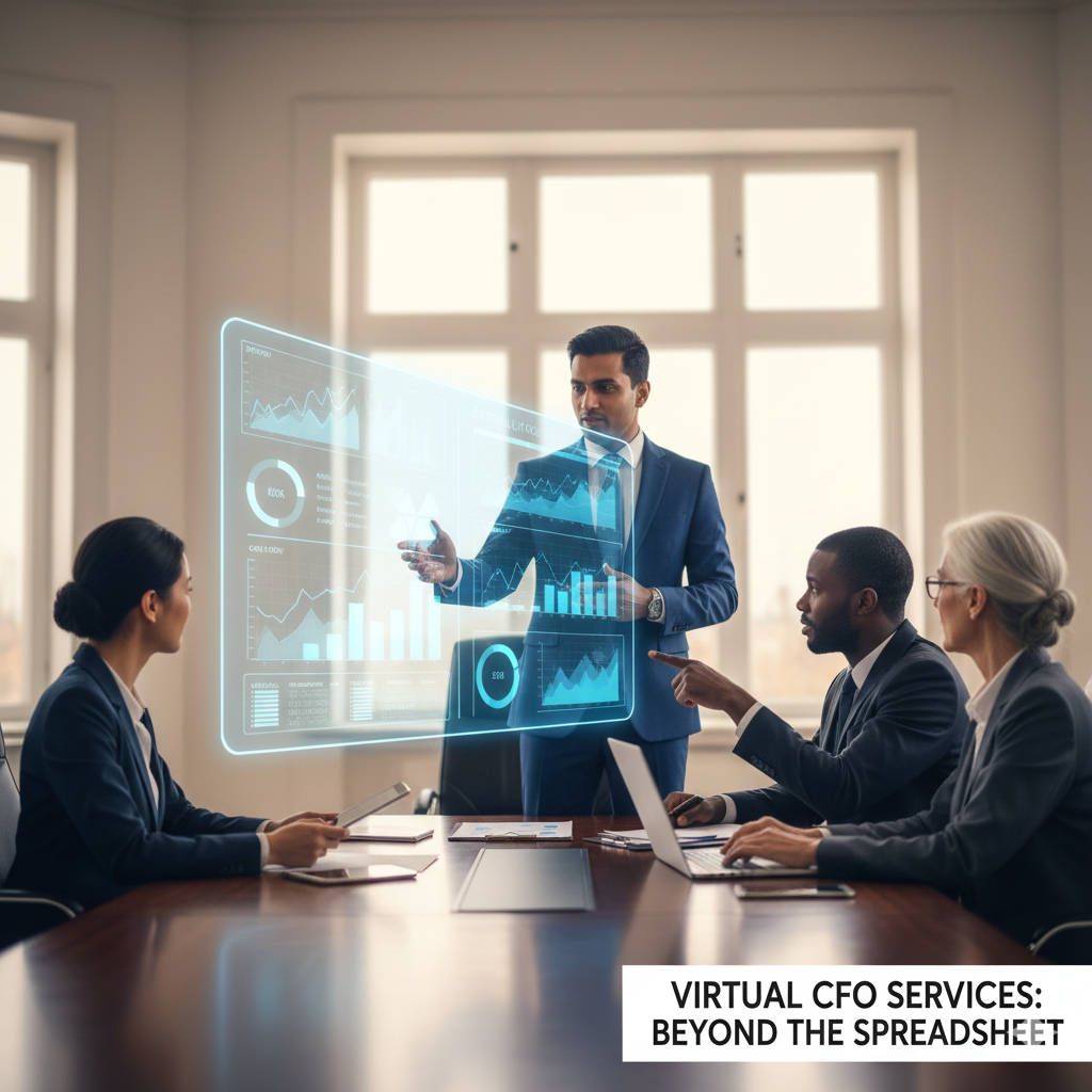 A diverse team discussing financial strategy in a modern office, with a digital overlay showing cash flow, profitability charts, and key performance indicators (KPIs) hovering over a spreadsheet.