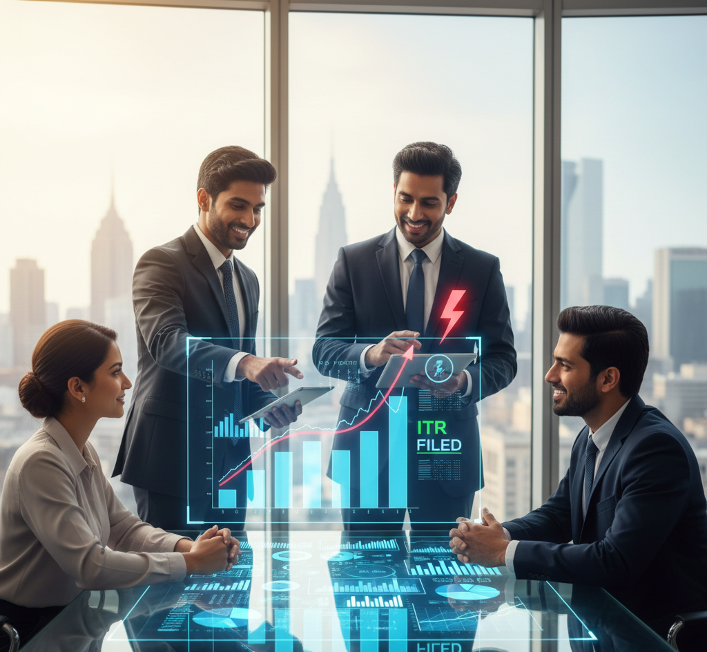 The background is a modern city skyline under dramatic clouds, with a glowing red stock market graph above the hero's head. The hero holds a shield with a checkmark and the text "ITR FILED," visually representing proactive tax compliance and achieving financial victory over the deadline.