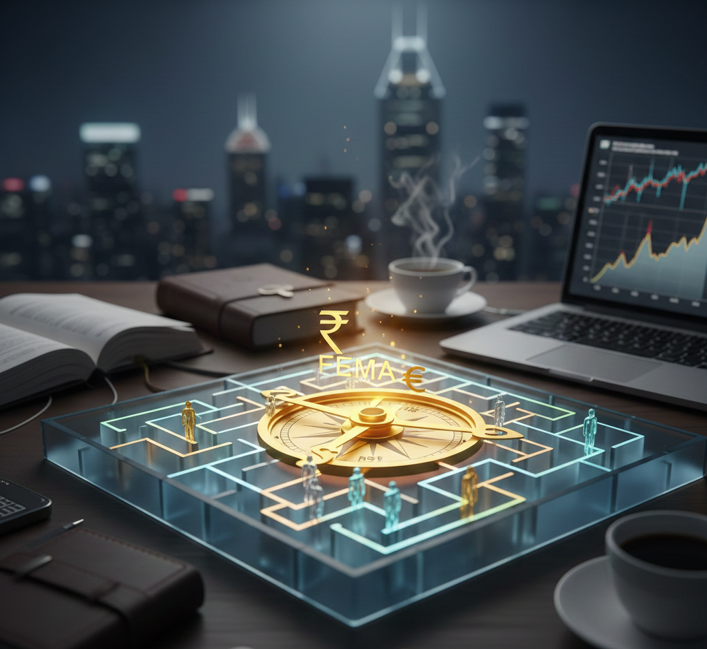 A visual metaphor for financial regulation: A golden compass over a glowing glass maze, symbolizing the complexities of navigating FEMA and RBI compliance for international business.