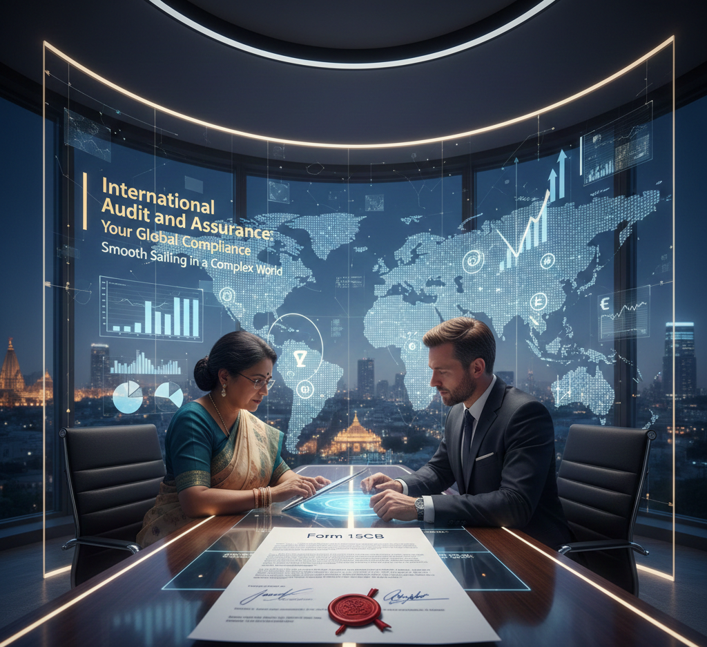 "Two finance professionals, one in Western business attire and one in a traditional Indian saree, consult over a futuristic, data-driven world map, with a physical Form 15CB document displayed prominently in the foreground, symbolizing global audit support and compliance for Indian subsidiaries."