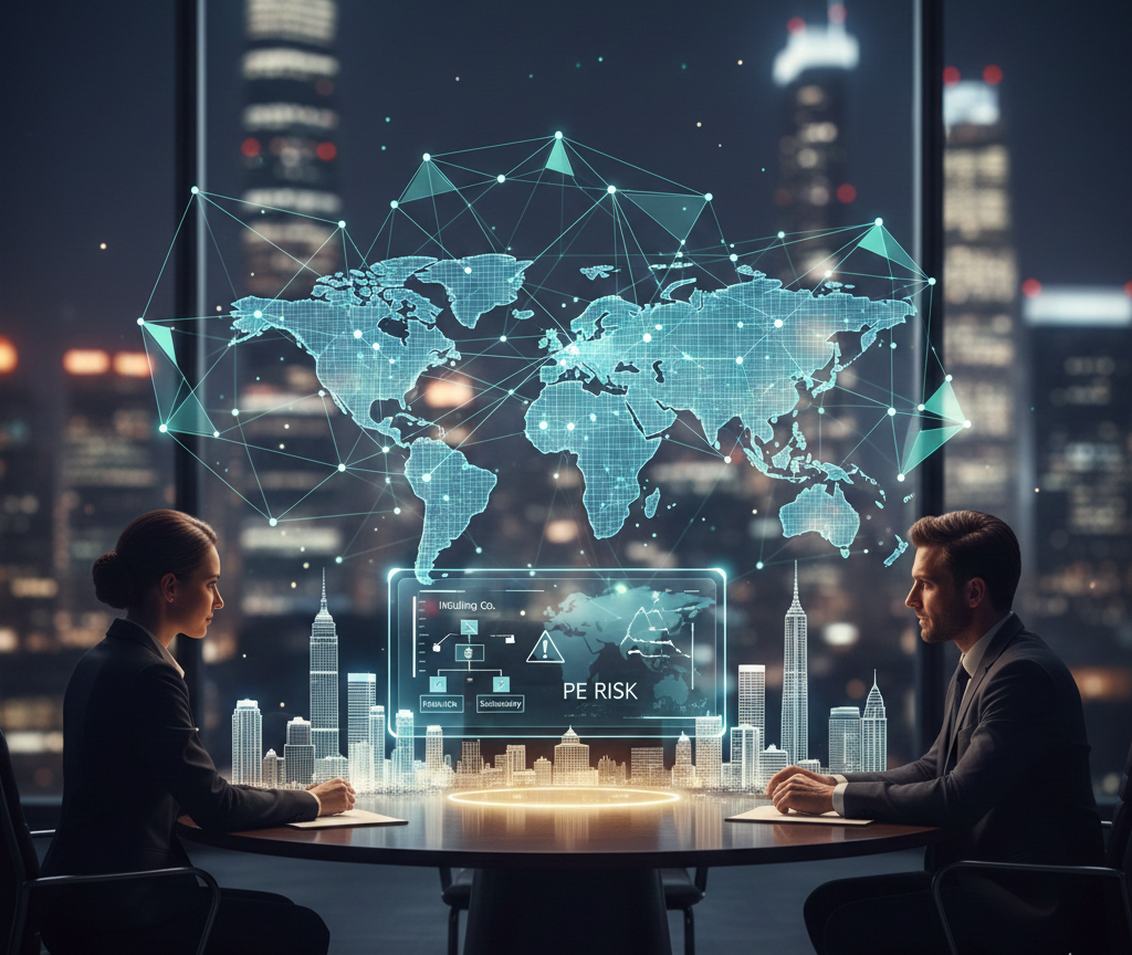 Two business professionals in a high-rise office discussing global strategy, with a holographic world map and a digital risk analysis diagram (PE Risk and Holding Co. flow chart) projected on the table between them, symbolizing complex cross-border structuring and compliance planning.