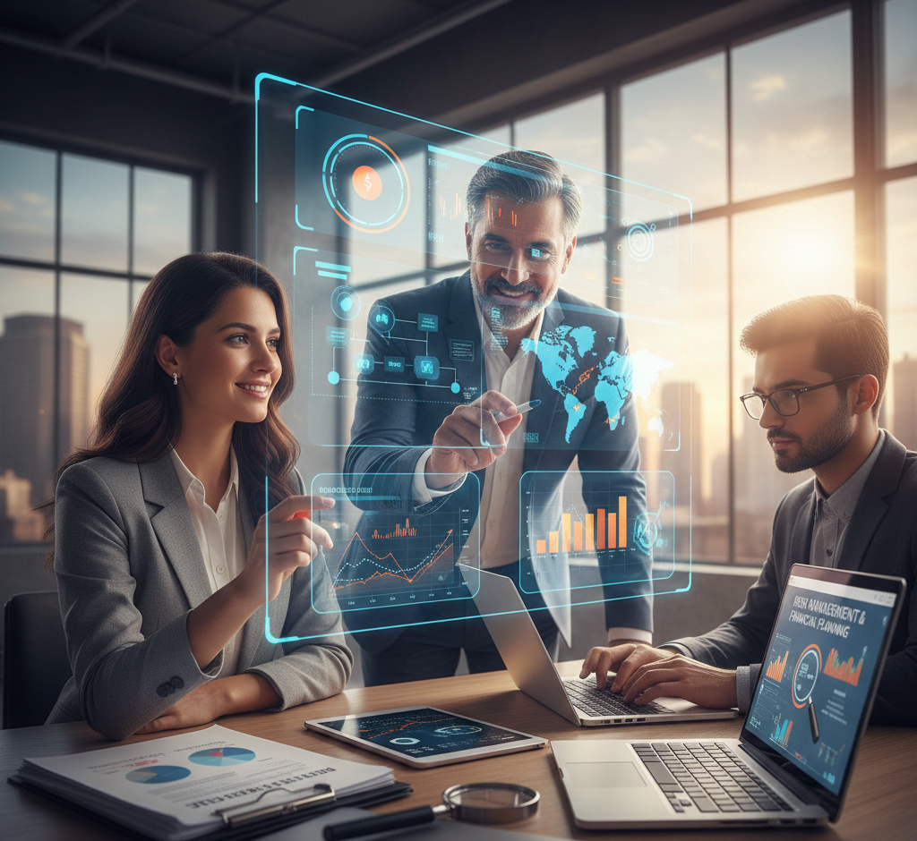 Three business professionals, including a financial advisor, reviewing interactive digital financial charts, growth projections, and a world map on a holographic screen in a modern office setting.
