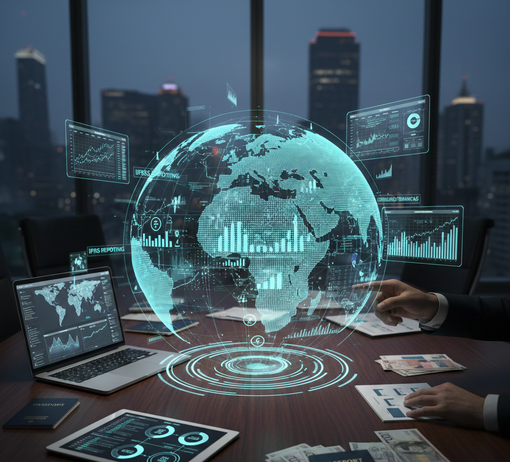 A futuristic image of a business meeting table at night with a holographic, glowing blue map of the world projected above it. The projection is overlaid with various financial data charts and key accounting terms like "IFRS Reporting." Hands are visible, one pointing at the data, surrounded by laptops, tablets displaying financial dashboards, currency bills, and passports, symbolizing global financial management and compliance.