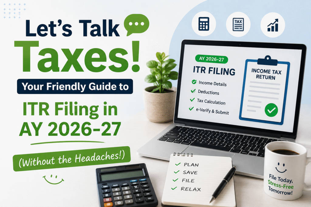 Friendly featured image for “Let’s Talk Taxes: Your Friendly Guide to ITR Filing in AY 2026-27” showing a laptop with ITR filing checklist, calculator, tax icons, and stress-free income tax return filing concept.