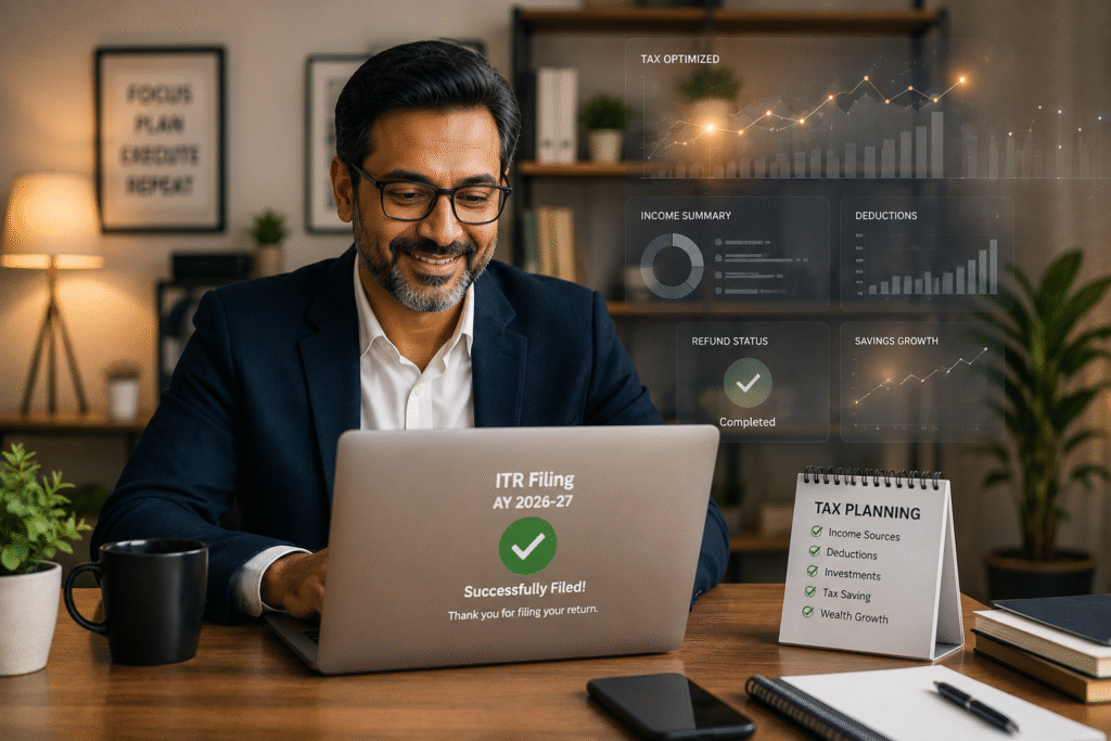 Professional business owner smiling confidently at a laptop after successful ITR filing in a modern home office with digital financial graphs and warm cinematic lighting.