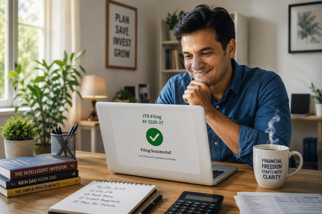 Middle-class professional smiling at a laptop after successful ITR filing for AY 2026-27 in a bright home office with coffee, calculator, and financial planning setup.
