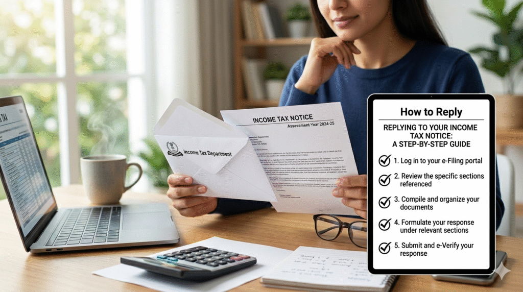 A person reviewing an Income Tax Notice alongside a digital checklist titled 'How to Reply' that outlines five actionable steps for responding to tax department correspondence.