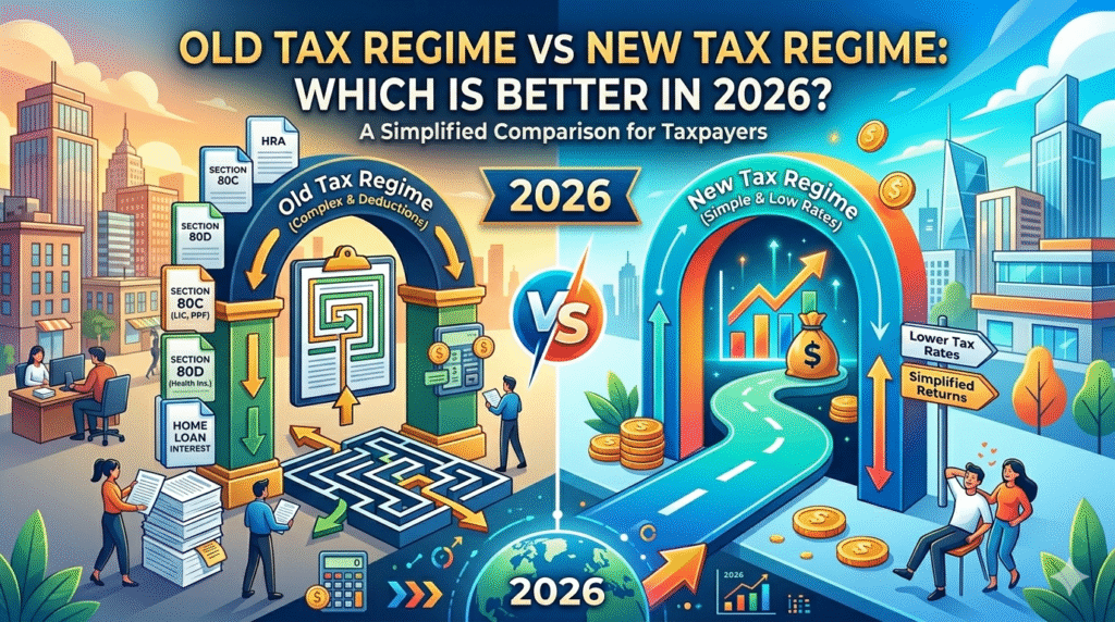 "An infographic comparing the Old vs. New Tax Regime for 2026. The left side depicts the Old Tax Regime as a complex maze involving tax deductions, forms, and calculators, while the right side portrays the New Tax Regime as a simplified, clear path to financial growth, illustrating the key differences between the two systems for Indian taxpayers."