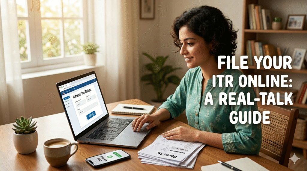 "A woman smiling while confidently filing her income tax return online on a laptop, with tax documents and a smartphone showing OTP verification on a wooden desk. Text overlay reads: File your ITR online: a real-talk guide."