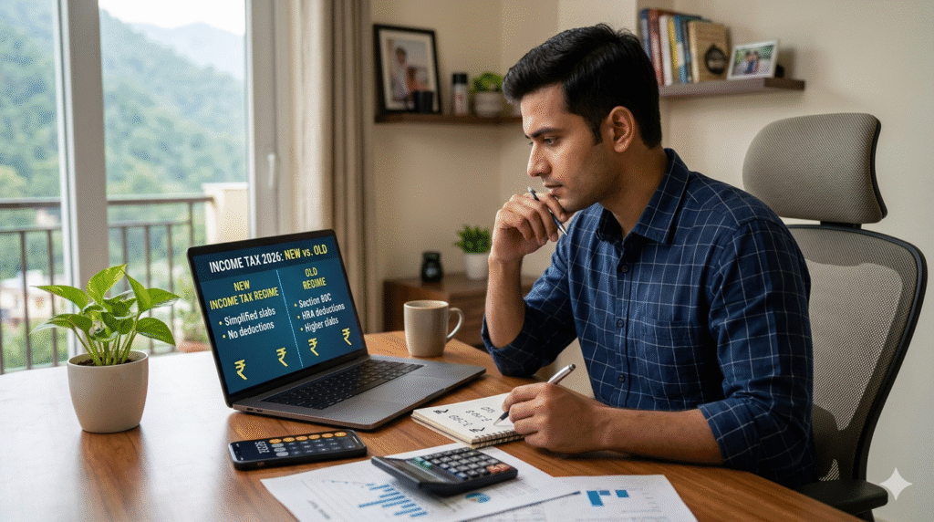 "A professional sitting at a desk comparing the New Tax Regime vs Old Regime 2026 on a laptop, with a calculator and financial papers in front of him."
