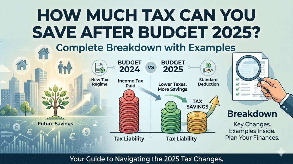 Infographic: Budget 2025 tax savings breakdown comparing old and new regimes.