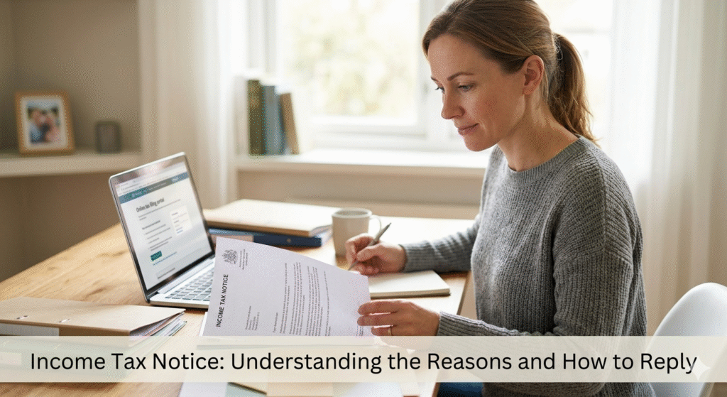 A woman calmly reviewing an official Income Tax Notice at a home desk, with an online tax filing portal open on her laptop screen. The image includes the text overlay: "Income Tax Notice: Understanding the Reasons and How to Reply."