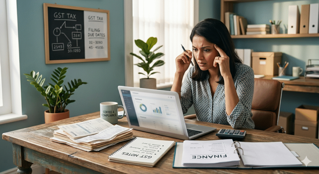 "A stressed female small business owner reviewing financial reports, invoices, and GST tax compliance data on her laptop."